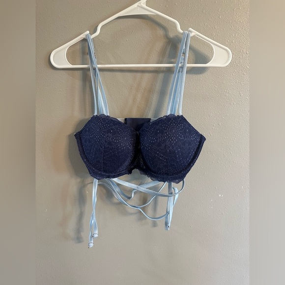 🚫sold🚫Date Push Up Bra 34DD Navy Lace Bralette with Light Blue Straps - Picture 3 of 6